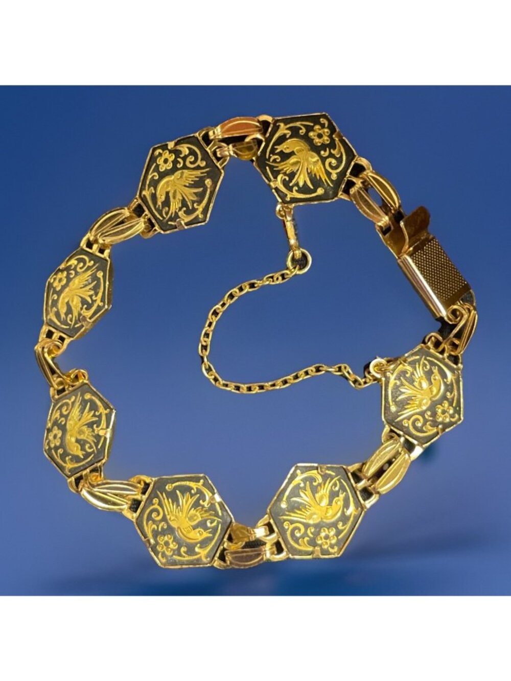 Vtg Signed Damascene Bird Hexagon Link Bracelet Safety Chain Gold-Tone Black